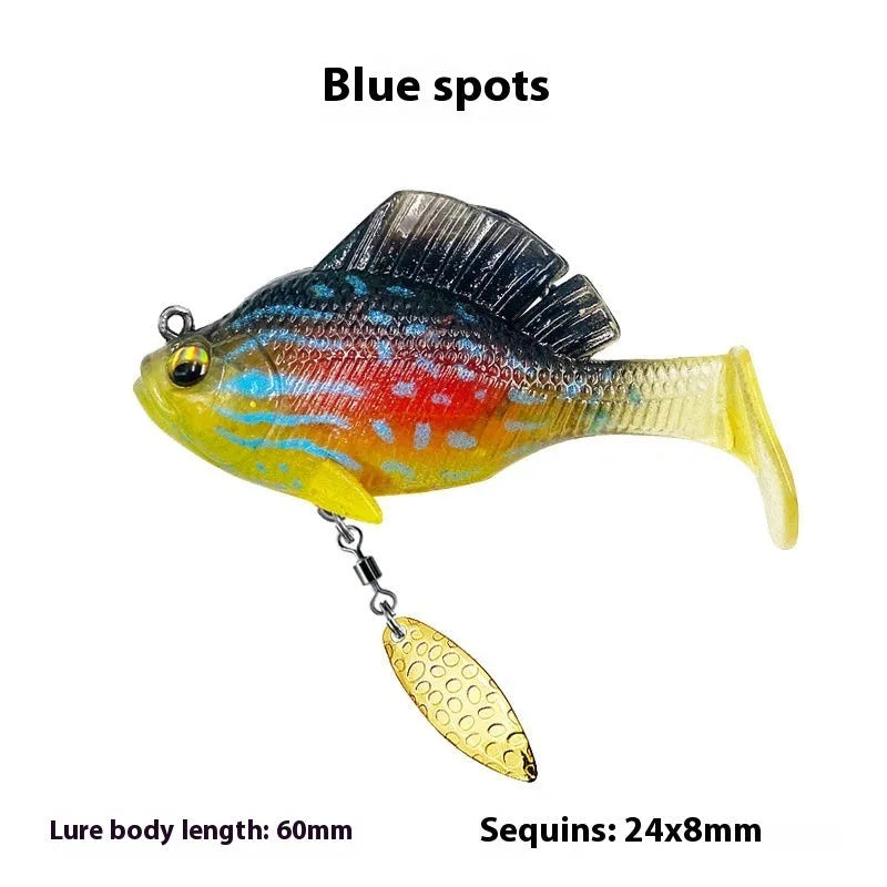 Rotating sequins T tail hard bait in 10g and 14g with multiple colour options for freshwater fishing
