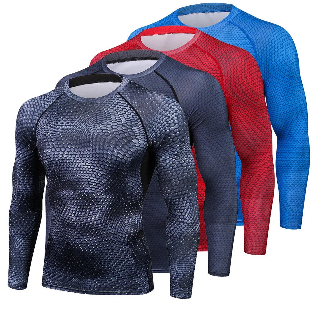 Long sleeve modal fitness training top in black, blue, red, white or snake scale, sizes S to 3XL.