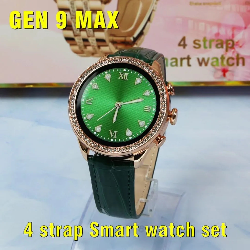 Women's GEN 9 MAX smart watch bracelet with TFT screen, touch button, four straps, and wireless charging cable