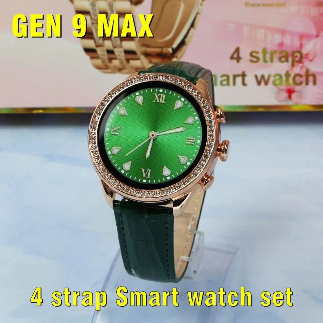 Women's GEN 9 MAX smart watch bracelet with TFT screen, touch button, four straps, and wireless charging cable