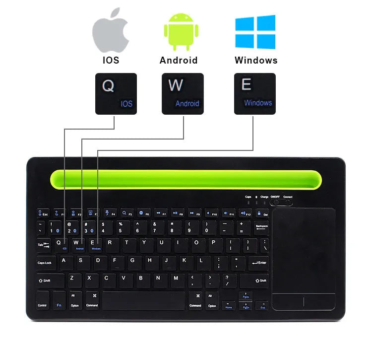 Black universal Bluetooth touch keyboard with 78 keys and touchpad for tablets and phones