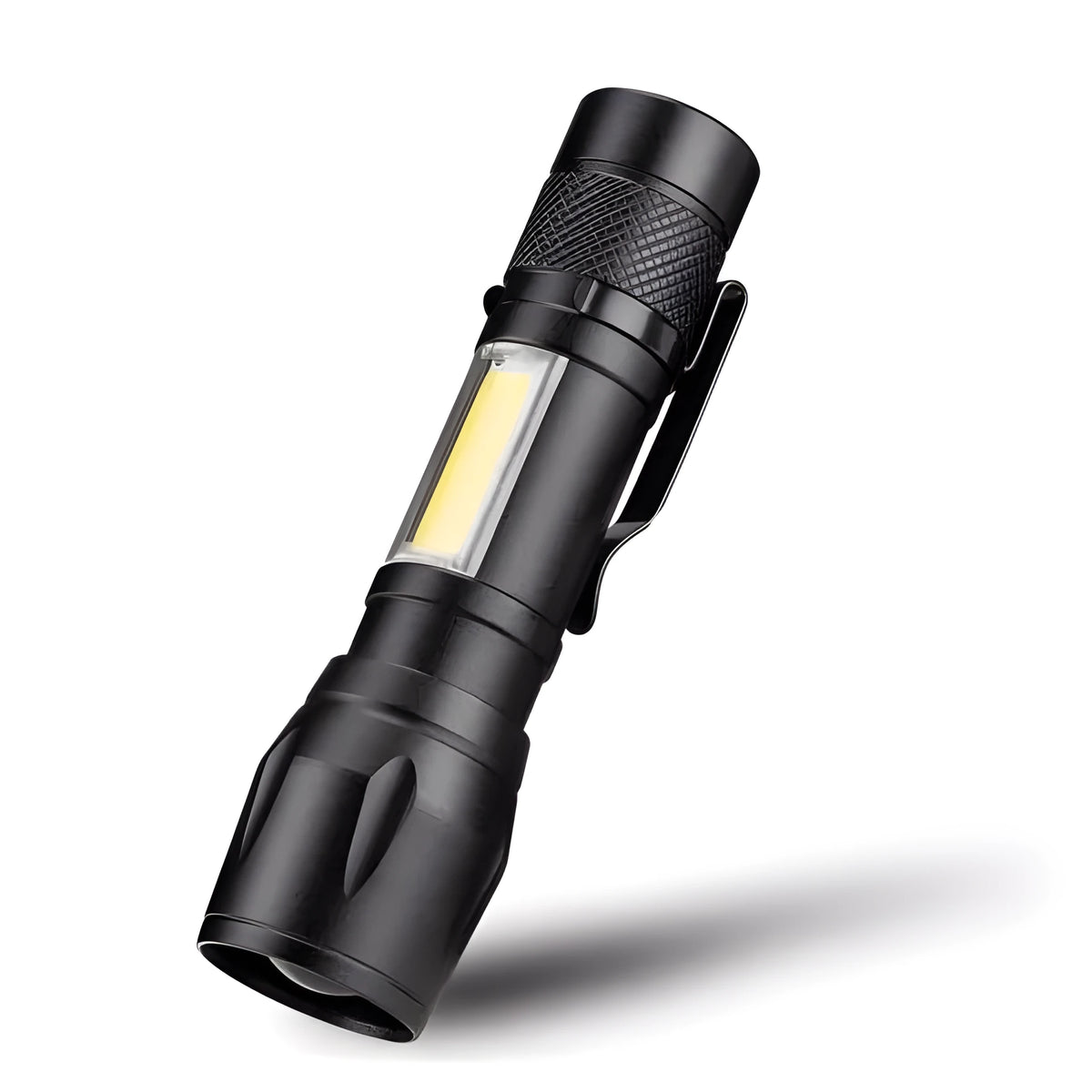 Black aluminium alloy mini telescopic LED torch with zoom focus and pocket clip