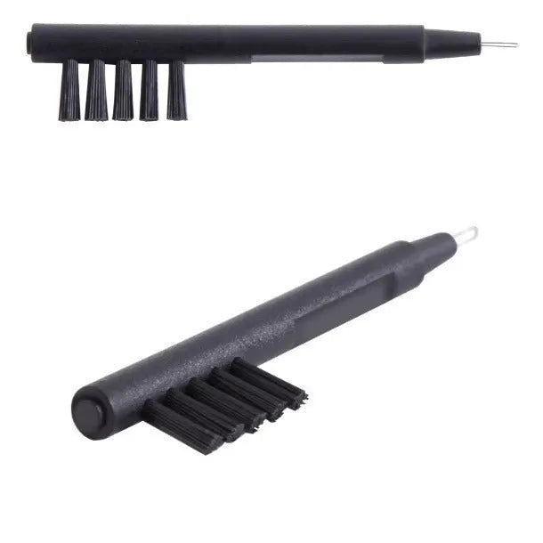 Black hearing aid cleaning brush with magnet, U-shaped hook and five sets of brushes on an ABS handle