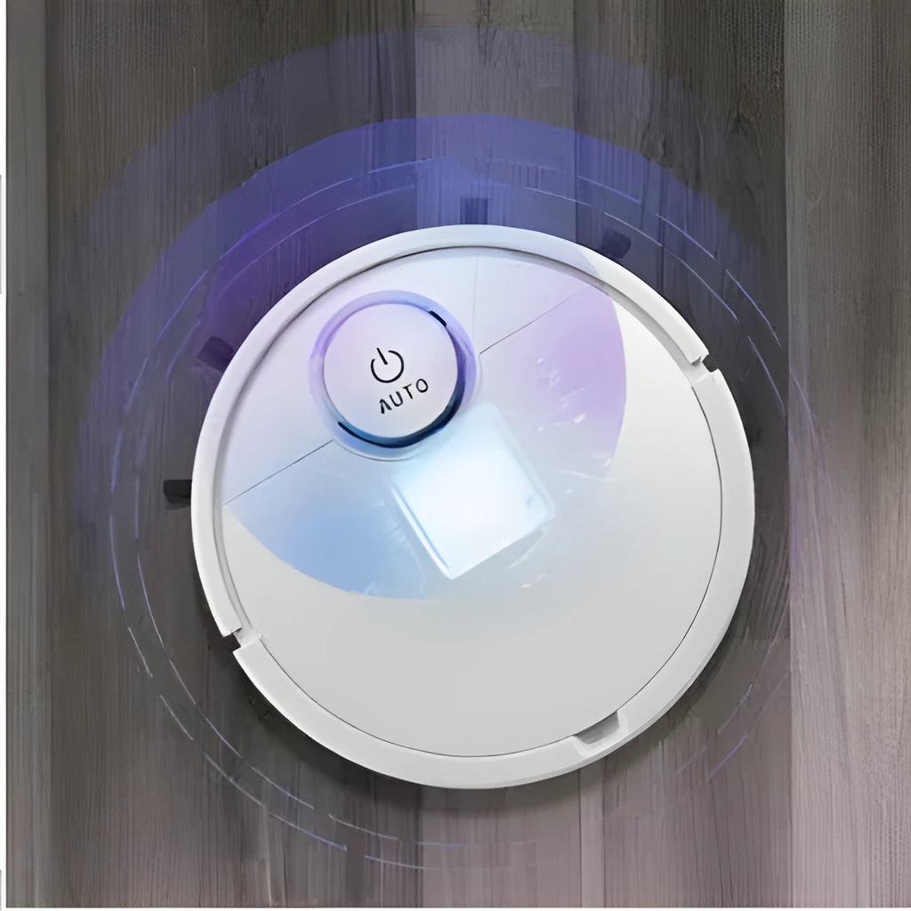 Circular automatic sweeping robot with a low profile for cleaning under furniture.