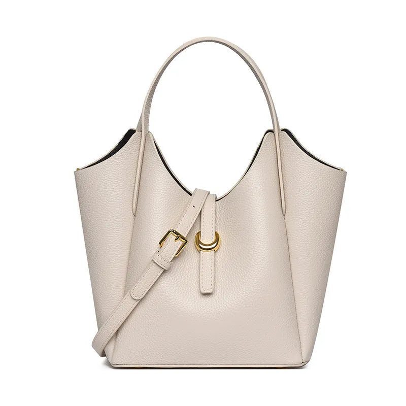 Women's genuine leather retro bucket bag with hand holding design and file organisation compartments