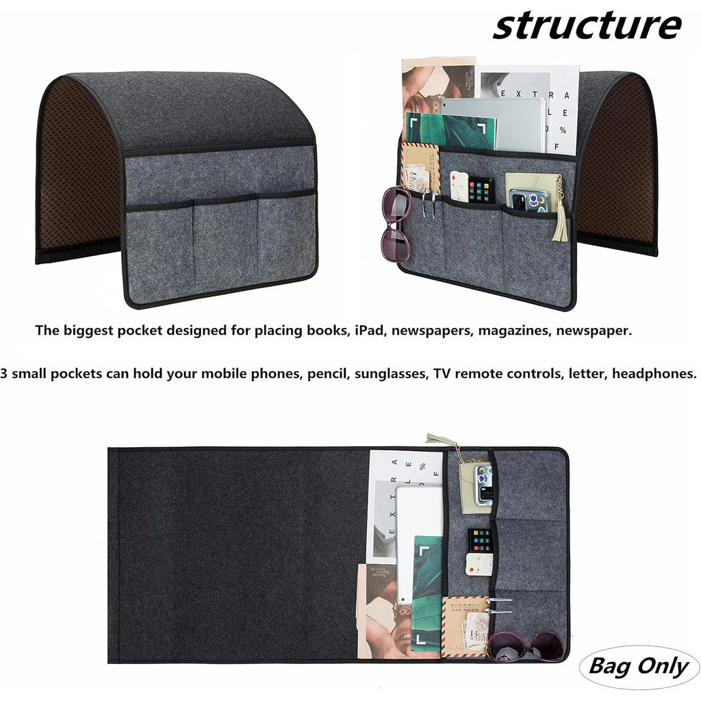 Beige felt phone organising shopping bag on a sofa with a mobile phone inside