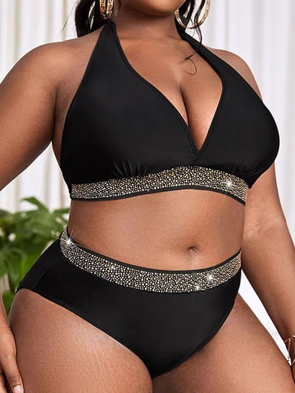 Black plus size women's bikini swimsuit with bra and shorts in polyester fabric