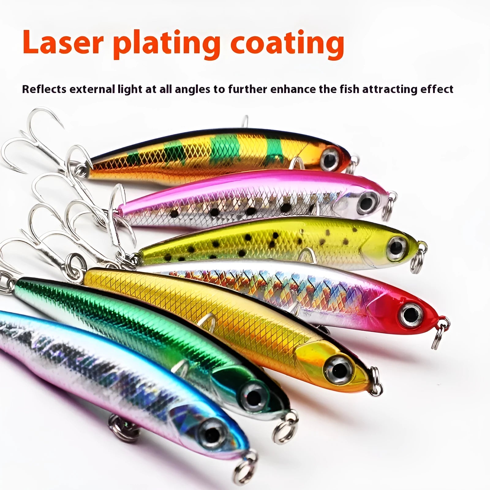Set of five silver pencil bait fishing lures with double hooks in a storage box, showing four weight options