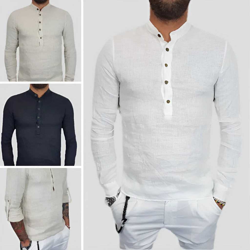 Men's loose fit long sleeve hemp cotton blend casual t-shirt in black and beige front view