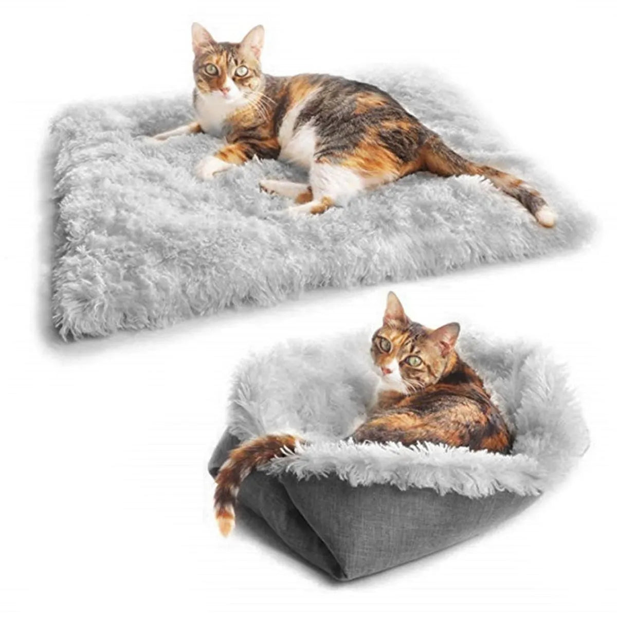 Grey pet blanket nest with fluffy surface and black non-slip base measuring 61cm by 51cm