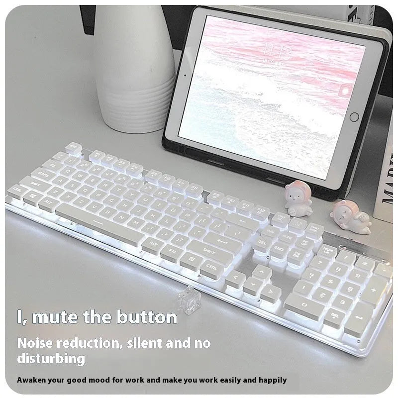 Wired mechanical feel keyboard with silent buttons showing LED lighting options and ABS construction