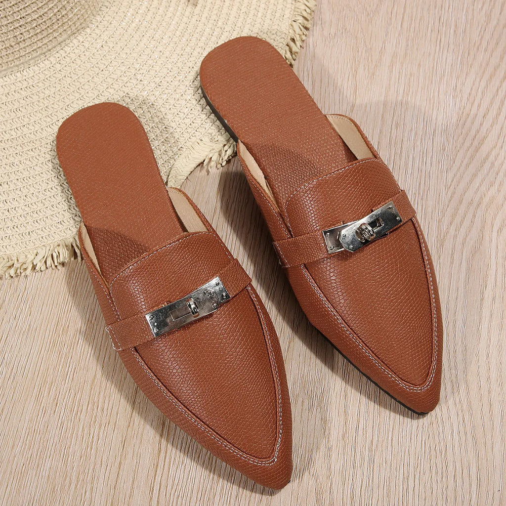 Light brown women's pointed-toe semi-slippers with a low heel, PU upper, and rubber sole.