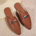 Light brown women's pointed-toe semi-slippers with a low heel, PU upper, and rubber sole.