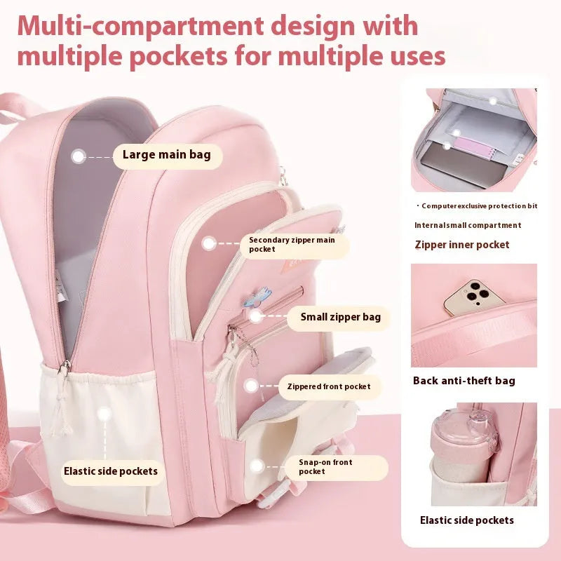 Waterproof pink Oxford cloth girls school backpack with curved straps on a white background.