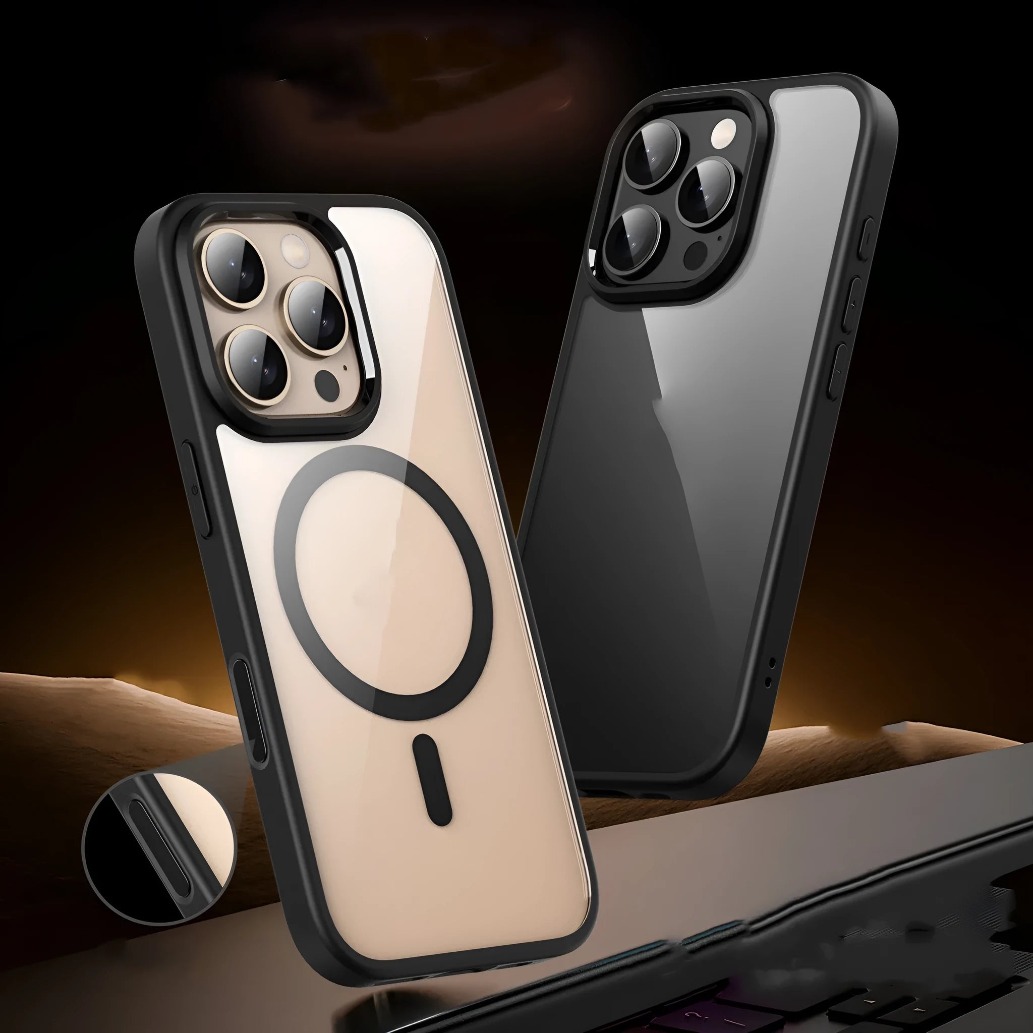 Transparent black magnetic shockproof phone case for iPhone 16 with visible airbag corners.