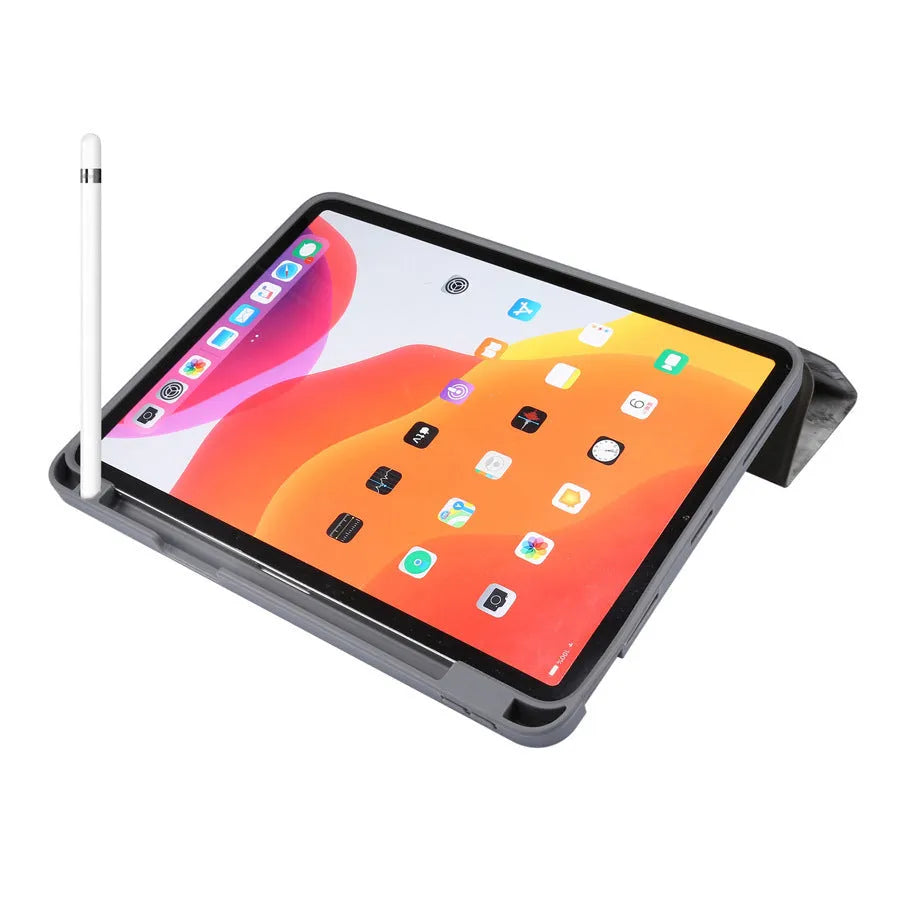 Dark gray tri-fold marbling iPad leather case with a visible pen slot, shown in stand position.
