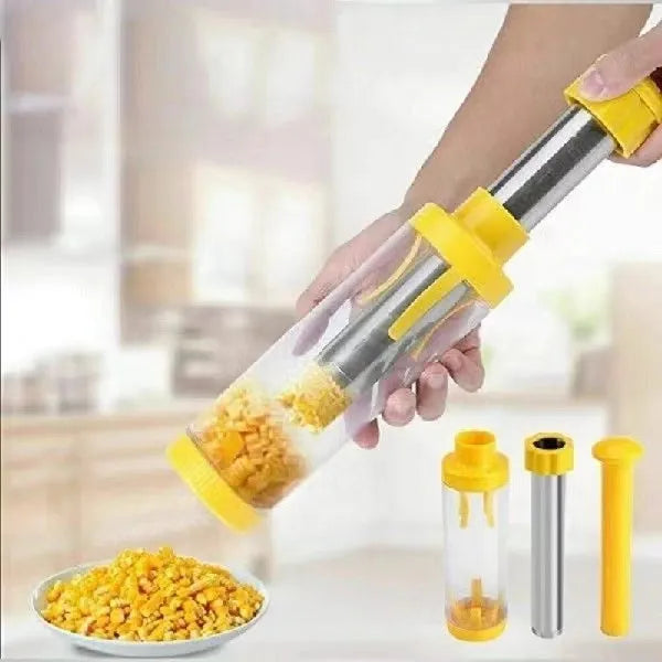 Yellow cylindrical corn stripper tool with stainless steel blades for removing kernels.