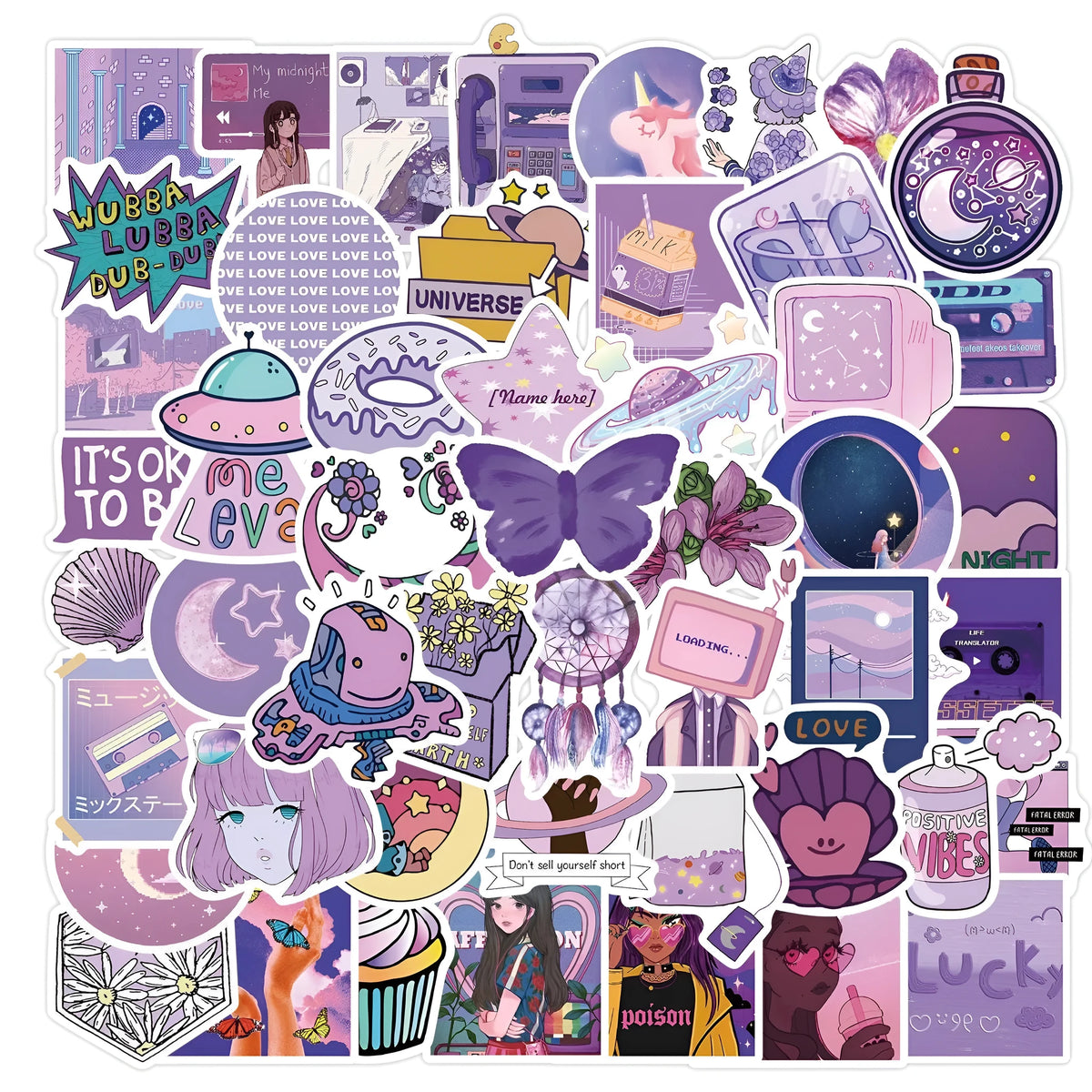 Cute purple graffiti stickers, 50 self-adhesive decals in colourful cartoon skin pattern, 4-6cm