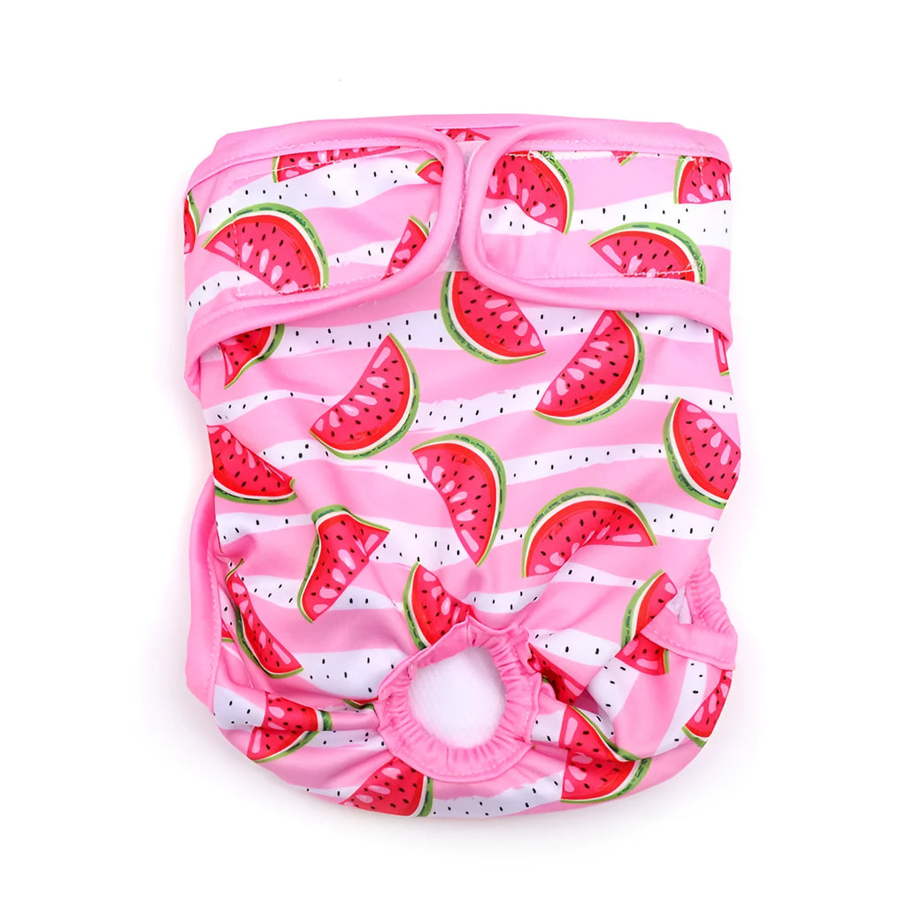 Cloth dog menstrual panties with cartoon print in pink watermelon colour on a light background