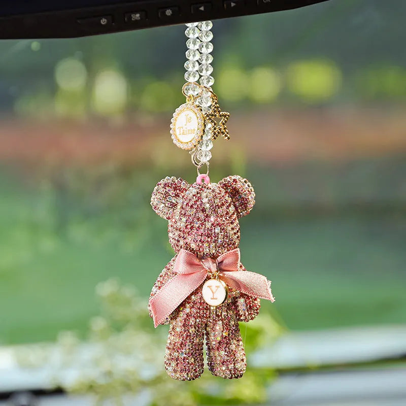Rhinestone violent bear car rearview mirror pendant in black, white, and mixed pastel colours