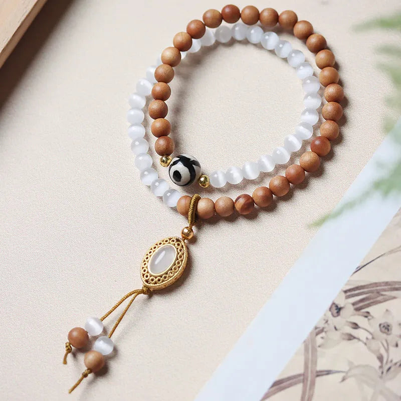 Women's sandalwood opal double ring bracelet with mixed materials and retro design