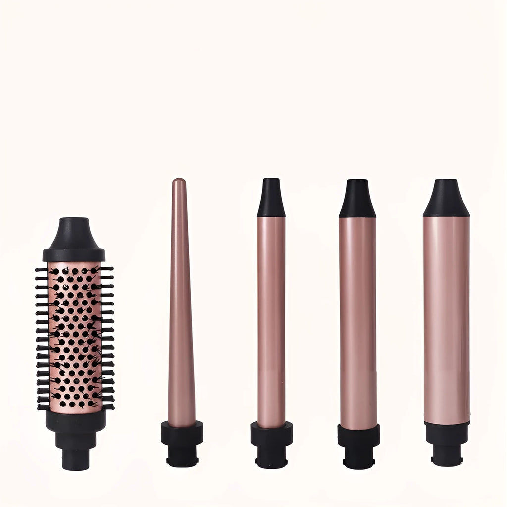 Black 5-in-1 hair curling iron with titanium gold coated adjustable barrel and UK plug