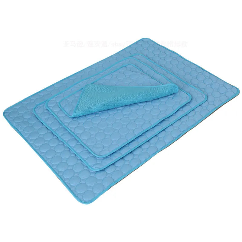 Ice silk dog cooling mat in blue edging, breathable mesh pet cold bed for small big dogs and cats
