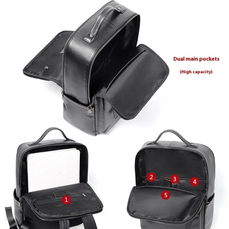 Men's black genuine leather large capacity laptop backpack with weave details.