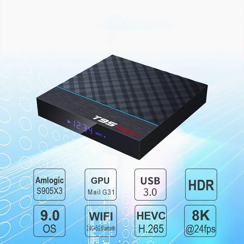 Black T95 Max Plus Android Smart TV Box with choice of 32GB or 64GB storage