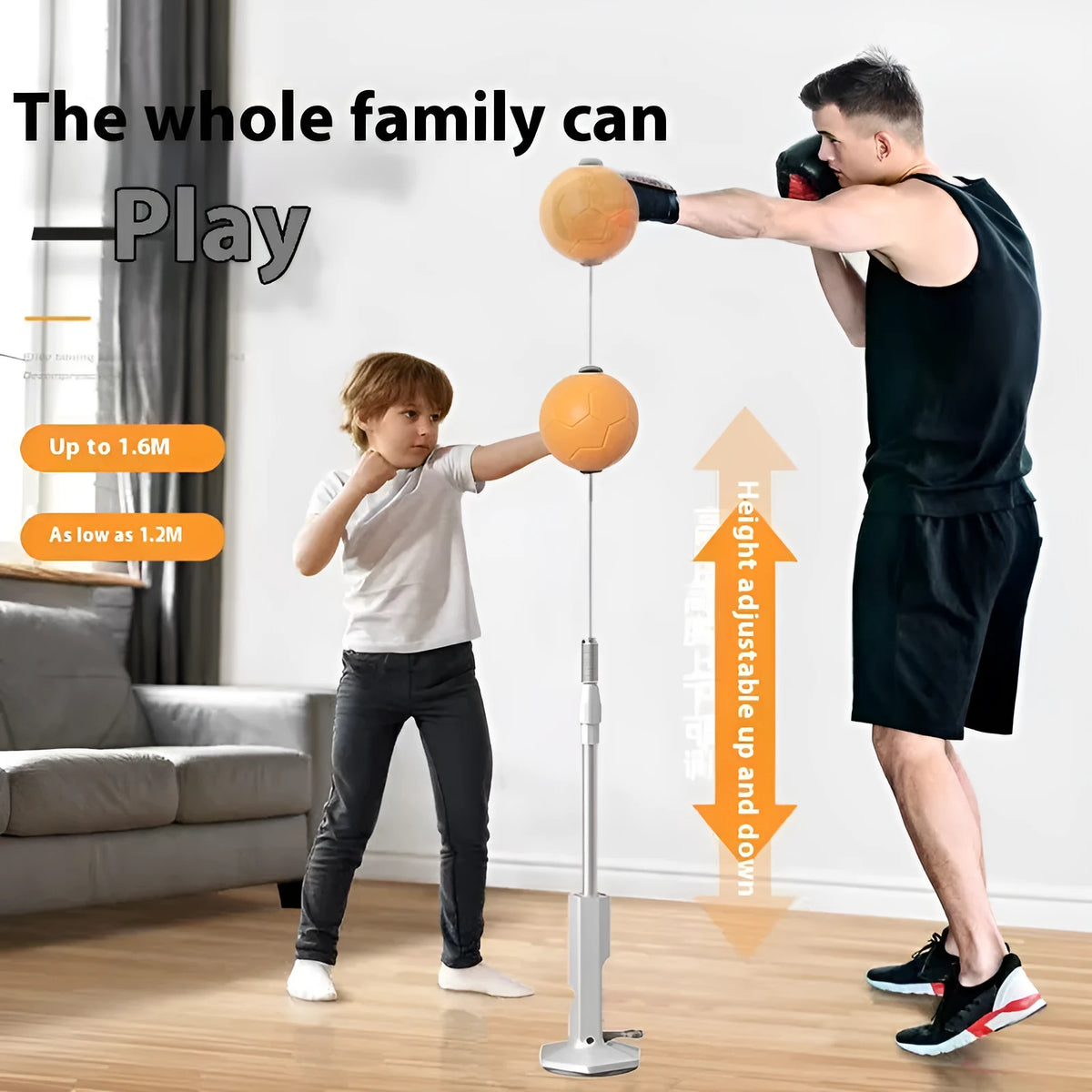 Vertical boxing reaction speed ball with roly-poly base in grey and orange colour options