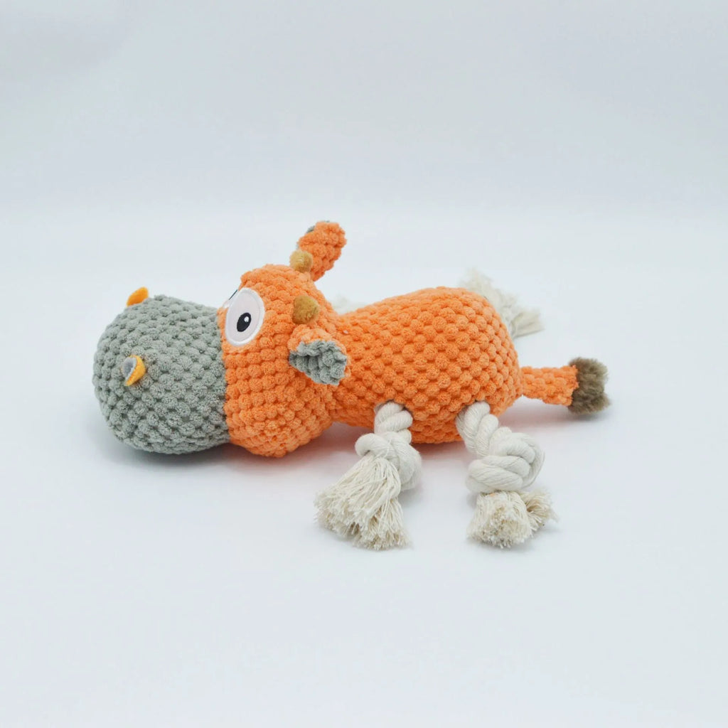 Plush cow dog toy with squeaker in orange pink or blue, 24x20x9.5cm