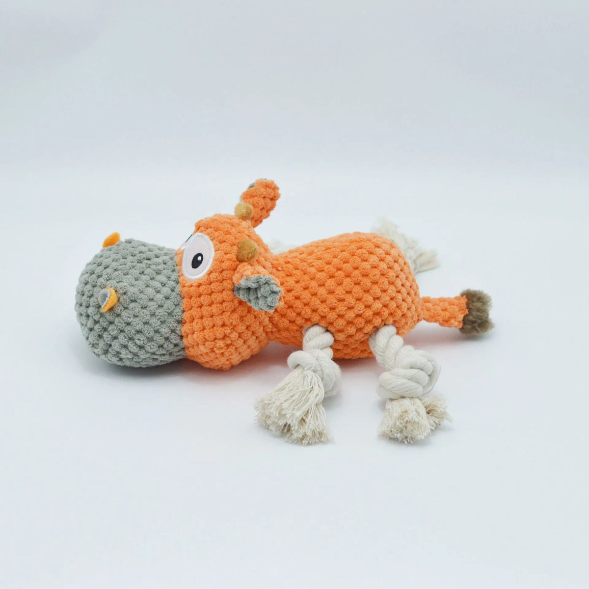 Plush cow dog toy with squeaker in orange pink or blue, 24x20x9.5cm