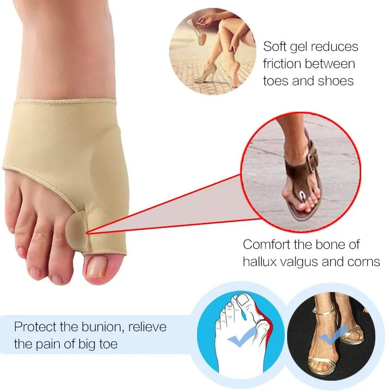 Corrective toe socks with silicone gel toe separator for bunion pain relief in sizes S, M, and L.