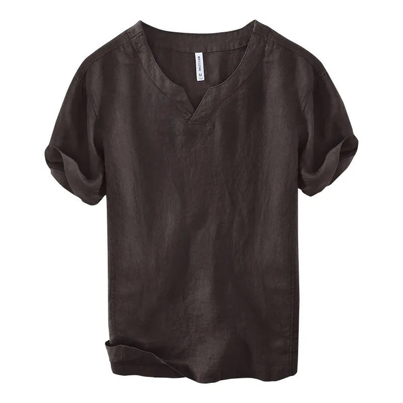 Personalized simple casual linen T-shirt top in brown, green, dark gray, khaki, or white, short sleeve, sizes M to 3XL