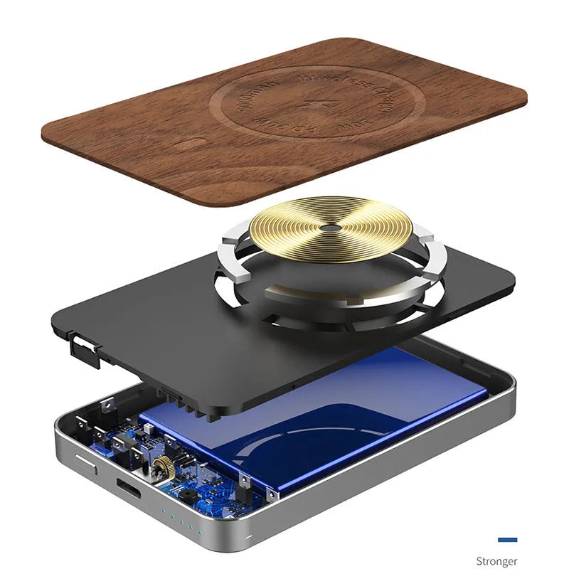 Khaki magnetic wireless charging bank with 5000mAh capacity and alloy shell