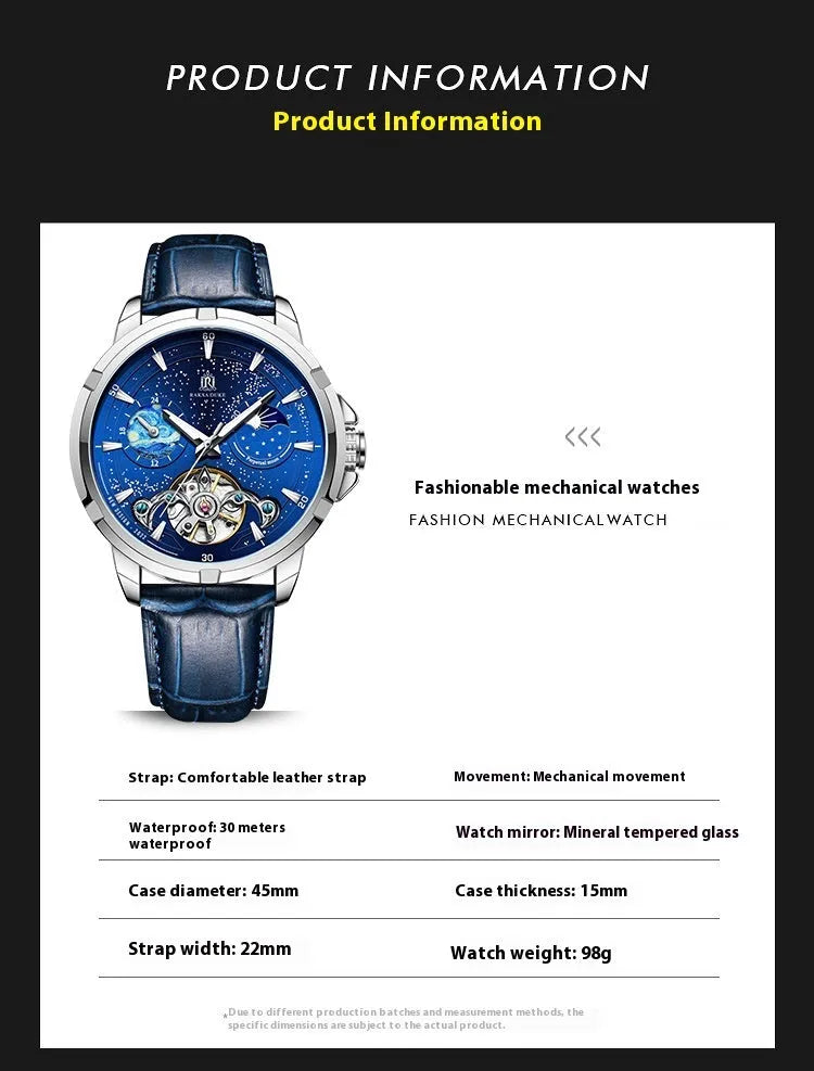 Men's blue automatic mechanical watch with 14mm case thickness showing T885B dial detail