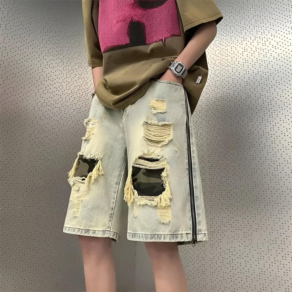 Men's yellow ripped camouflage denim shorts with straight leg Korean style