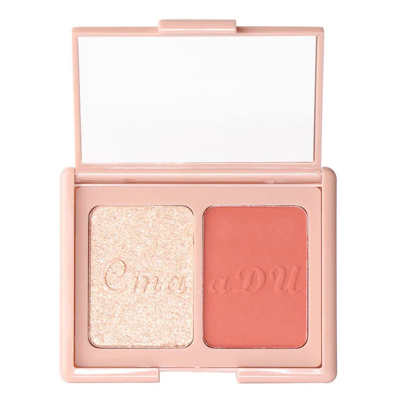 Two-tone blush highlighter and contouring palette 90x70mm with three colour combinations: warm grey shadow, warm orange blush, peach apricot pink blush