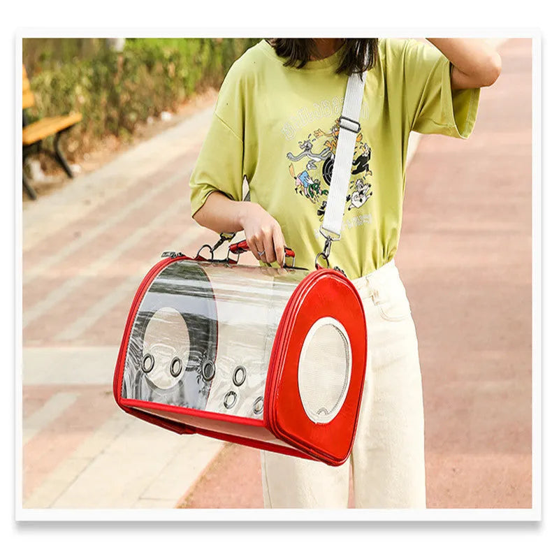 Transparent PU pet bag with geometric pattern, blue pink red silver, 12kg capacity, two sizes