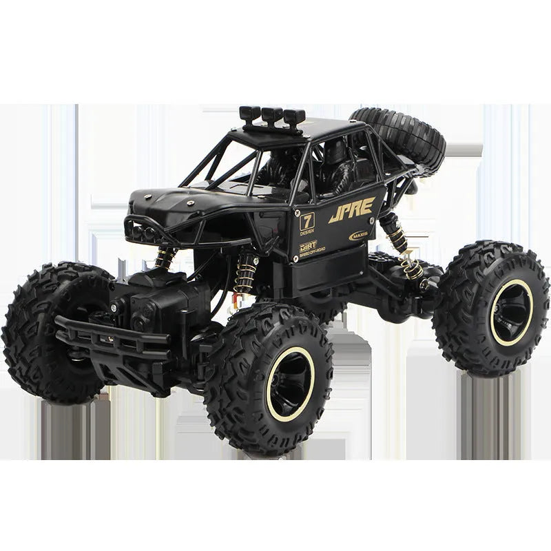 Black and silver 2.4G wireless remote control off-road cars in 28cm and 37cm sizes on rough terrain