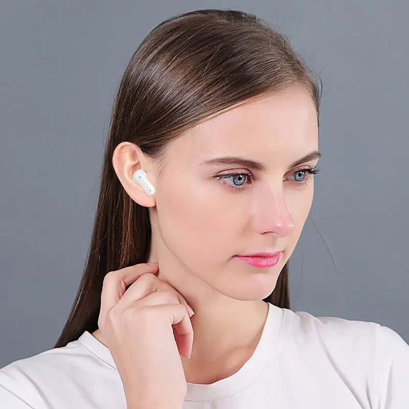 White plastic active noise reduction in-ear Bluetooth headset with touch controls and Type-C charging port