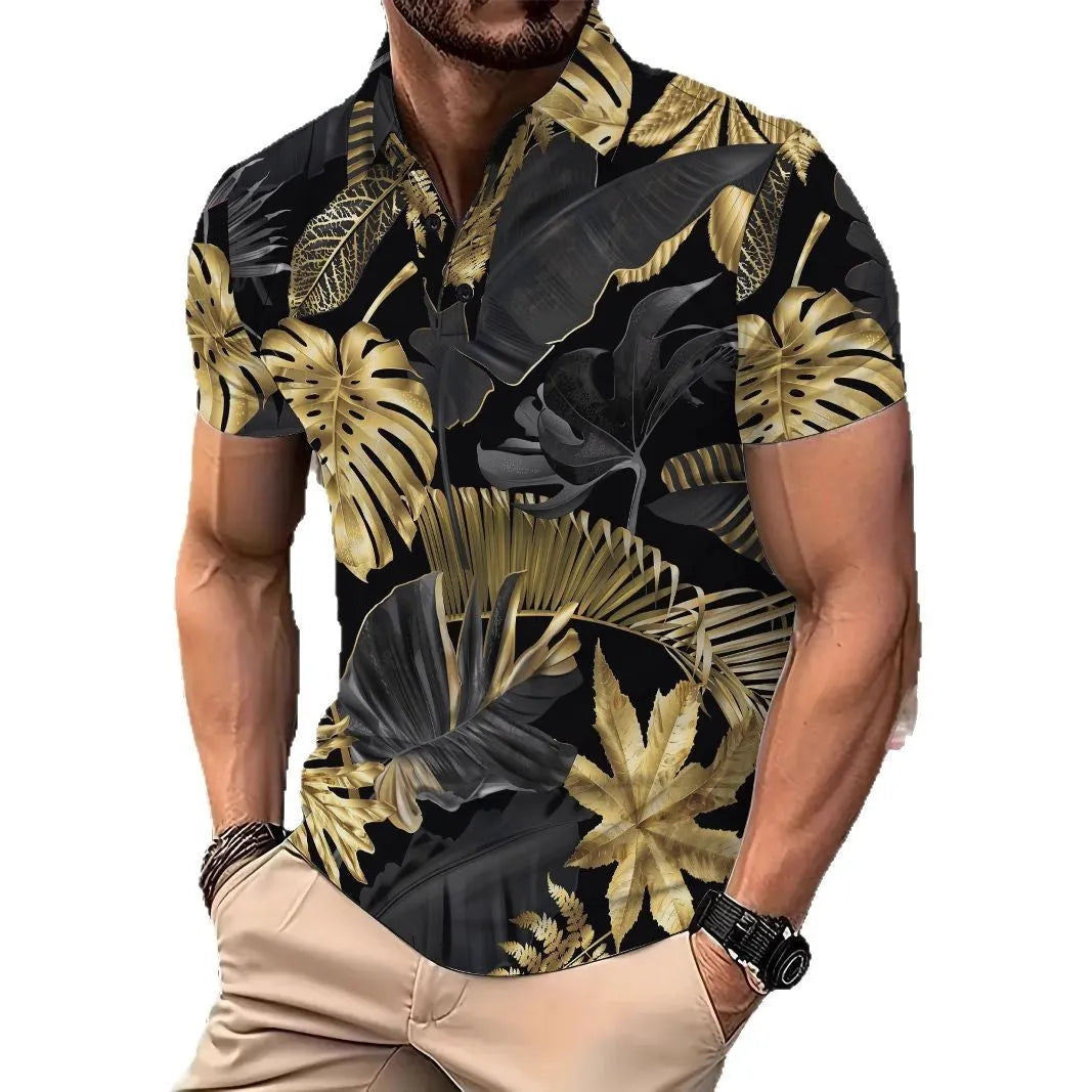 Men's gold tropical plant pattern printed short sleeve polyester shirt for summer wear