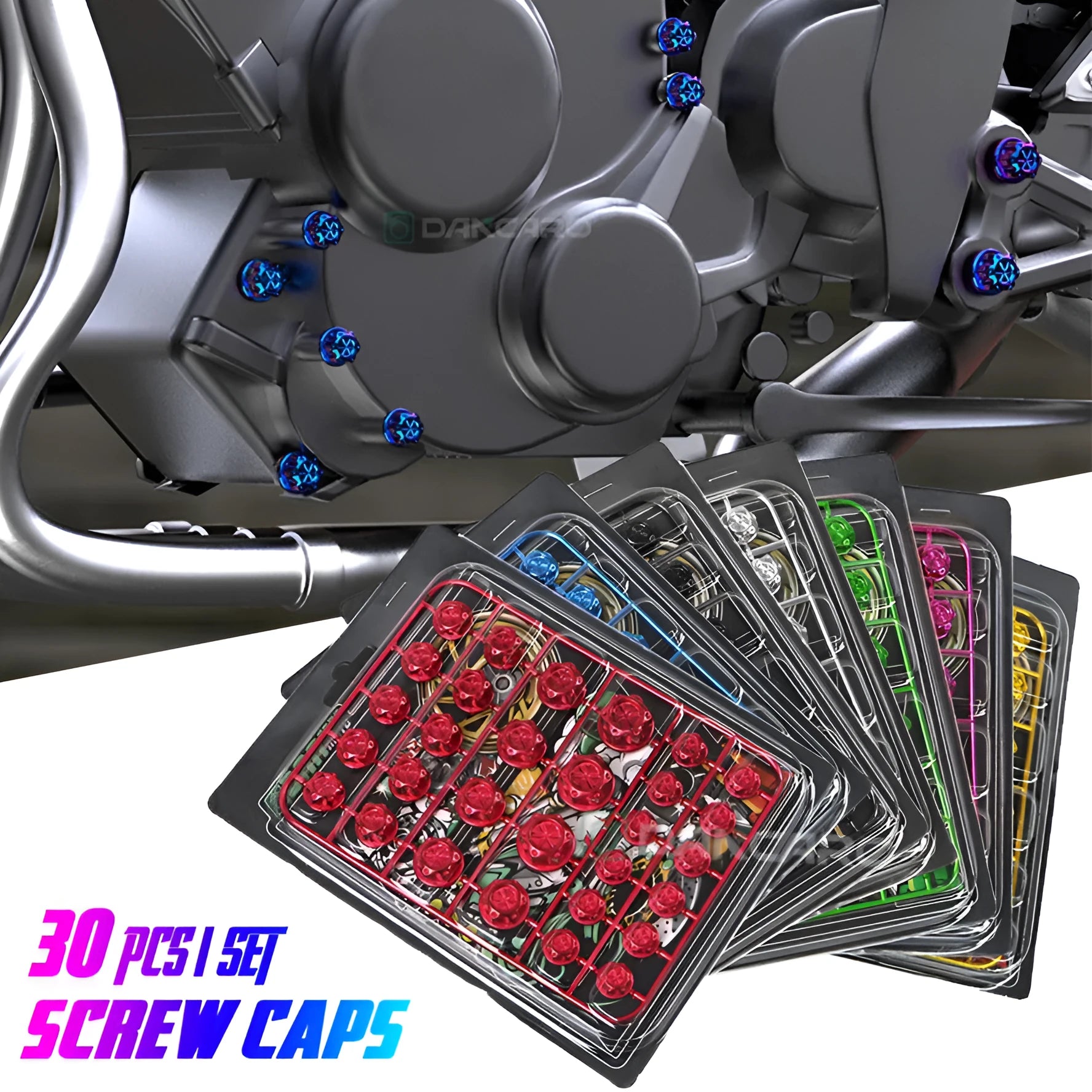 Set of 30 multi-coloured ABS plastic screw covers for motorcycle engine modification.