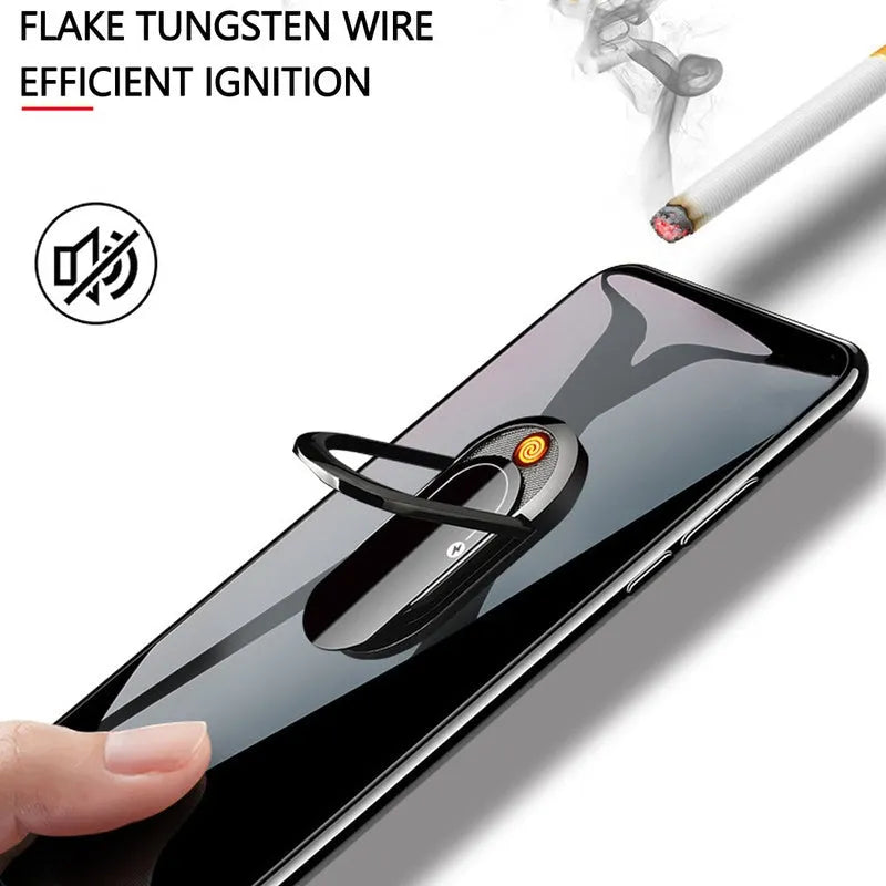 2 in 1 USB plasma lighter and phone holder in aluminium alloy, black ice, with ring buckle and 3M tape