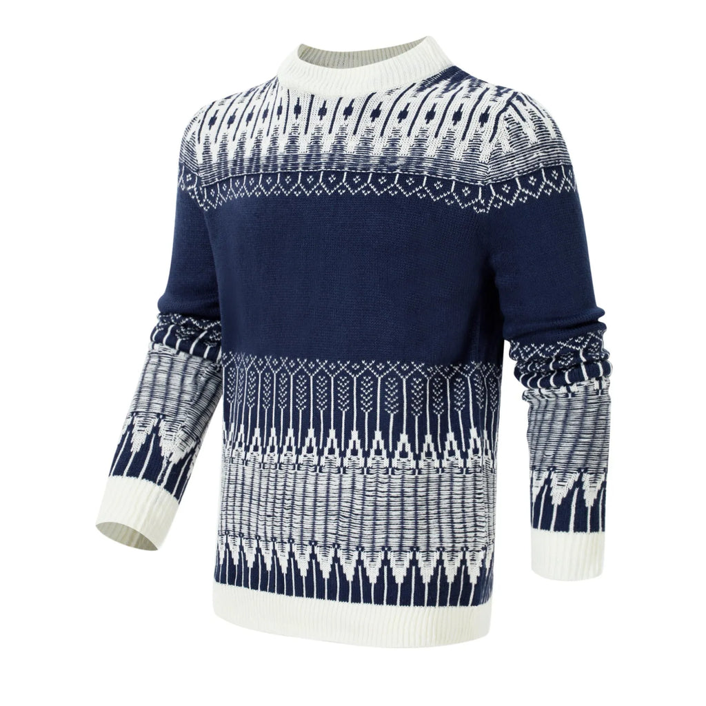 Men's grey knitted sweater with long sleeves, crew neck, and ribbed hem cuffs laid flat