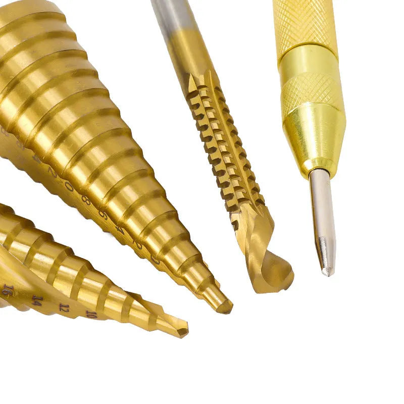 High speed steel cone drill bit and centre punch set showing colour-coded options and step drill design