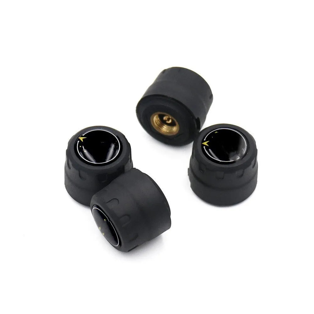 Bluetooth 5.0 automotive tyre pressure monitor kit with four black external sensors, a wrench, and anti-theft screws.