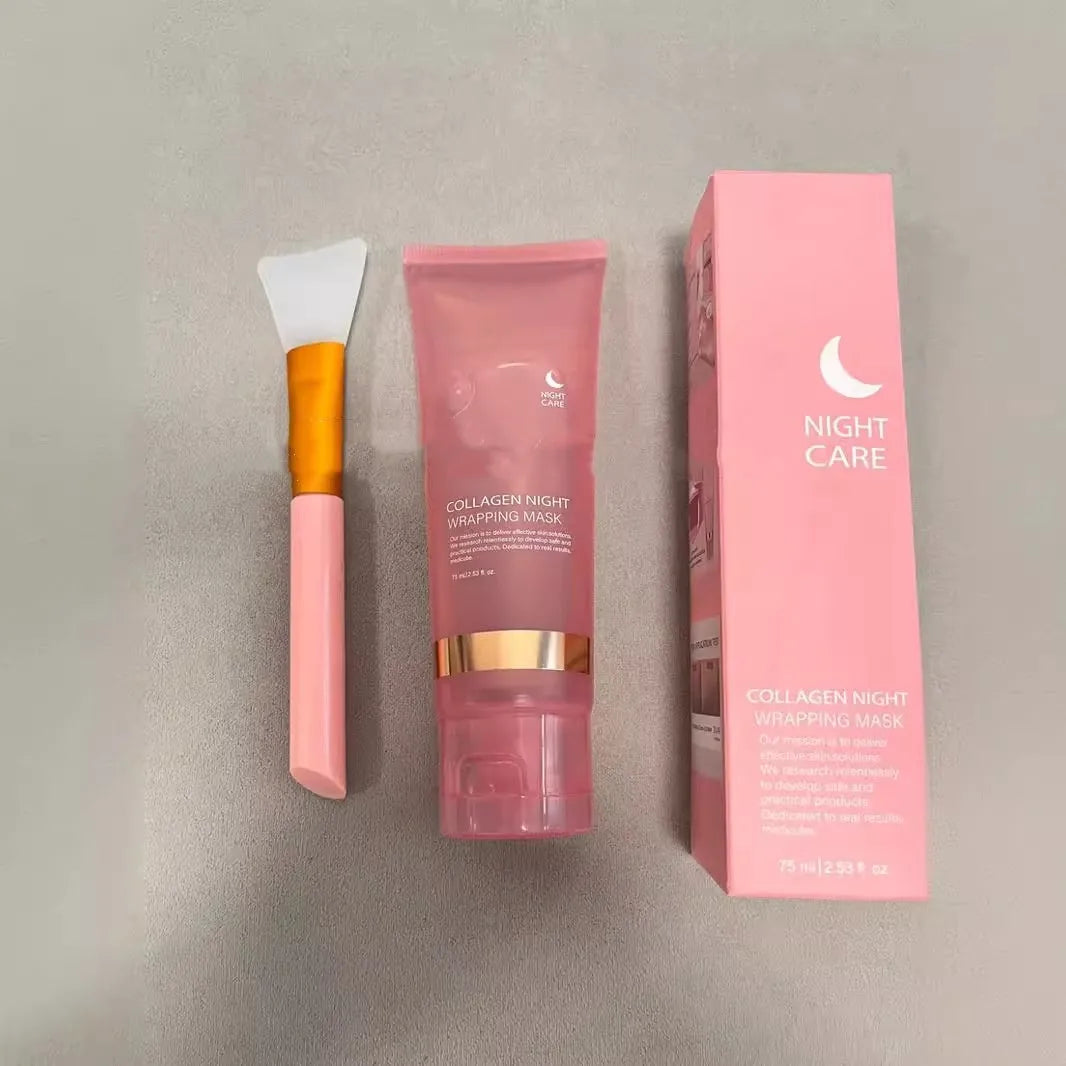 75ml bottle of collagen overnight face mask with application brush on a blue background.