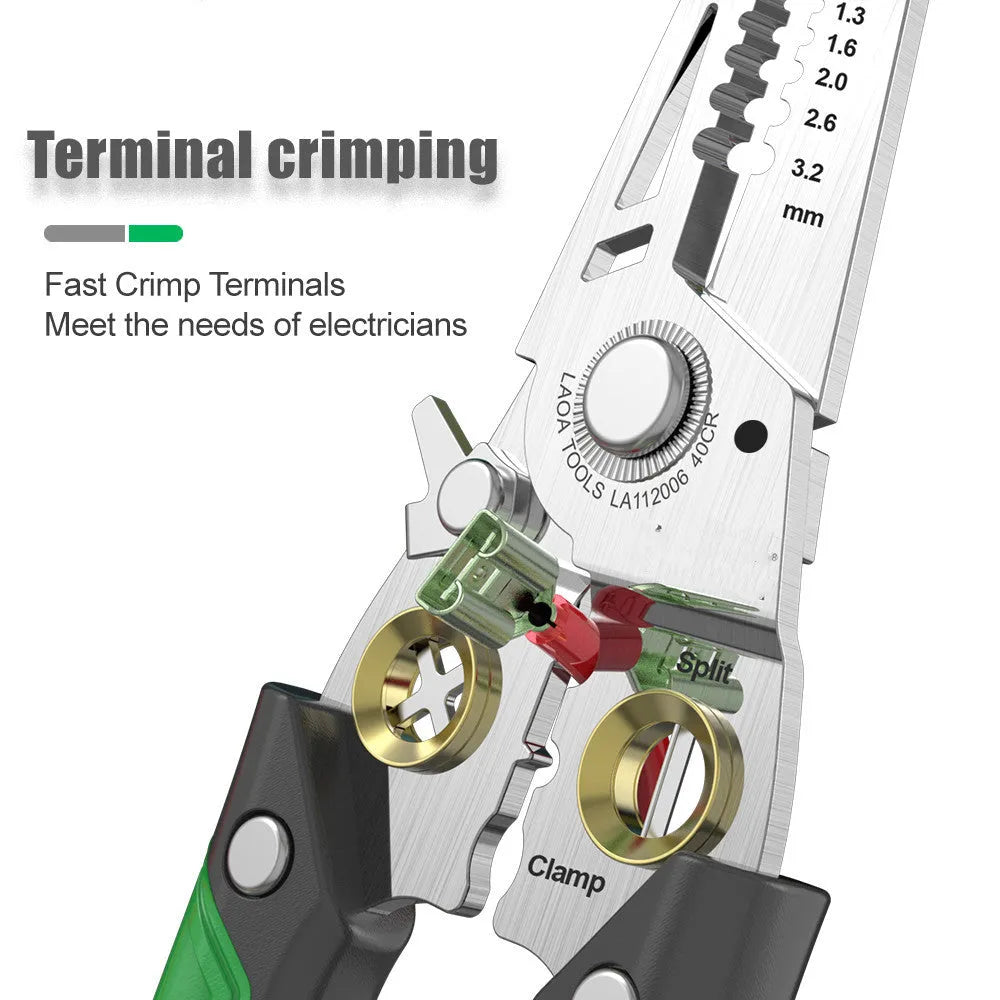 Stainless steel 7-in-1 wire stripper and crimping pliers with two-colour ABS handle