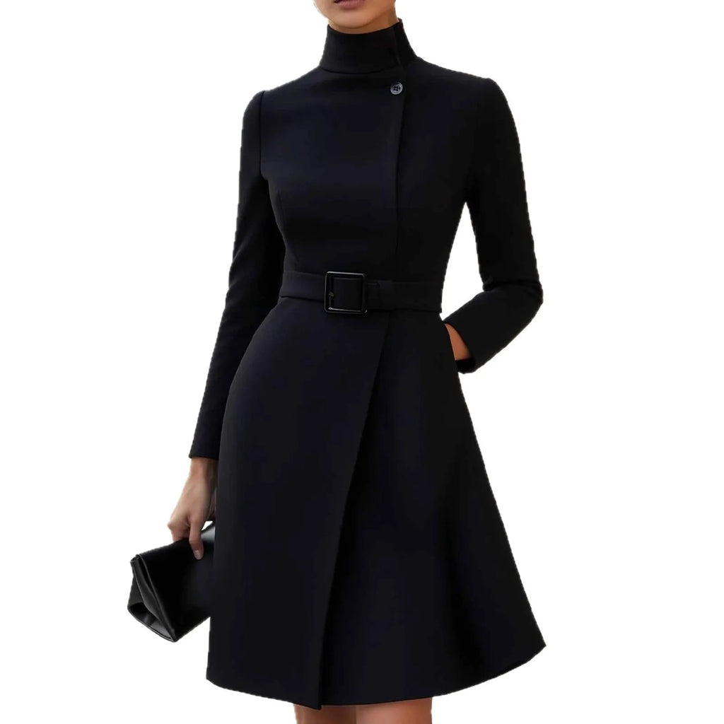 Women's bohemian style long sleeve dress with high waist and stand collar in black or wine red